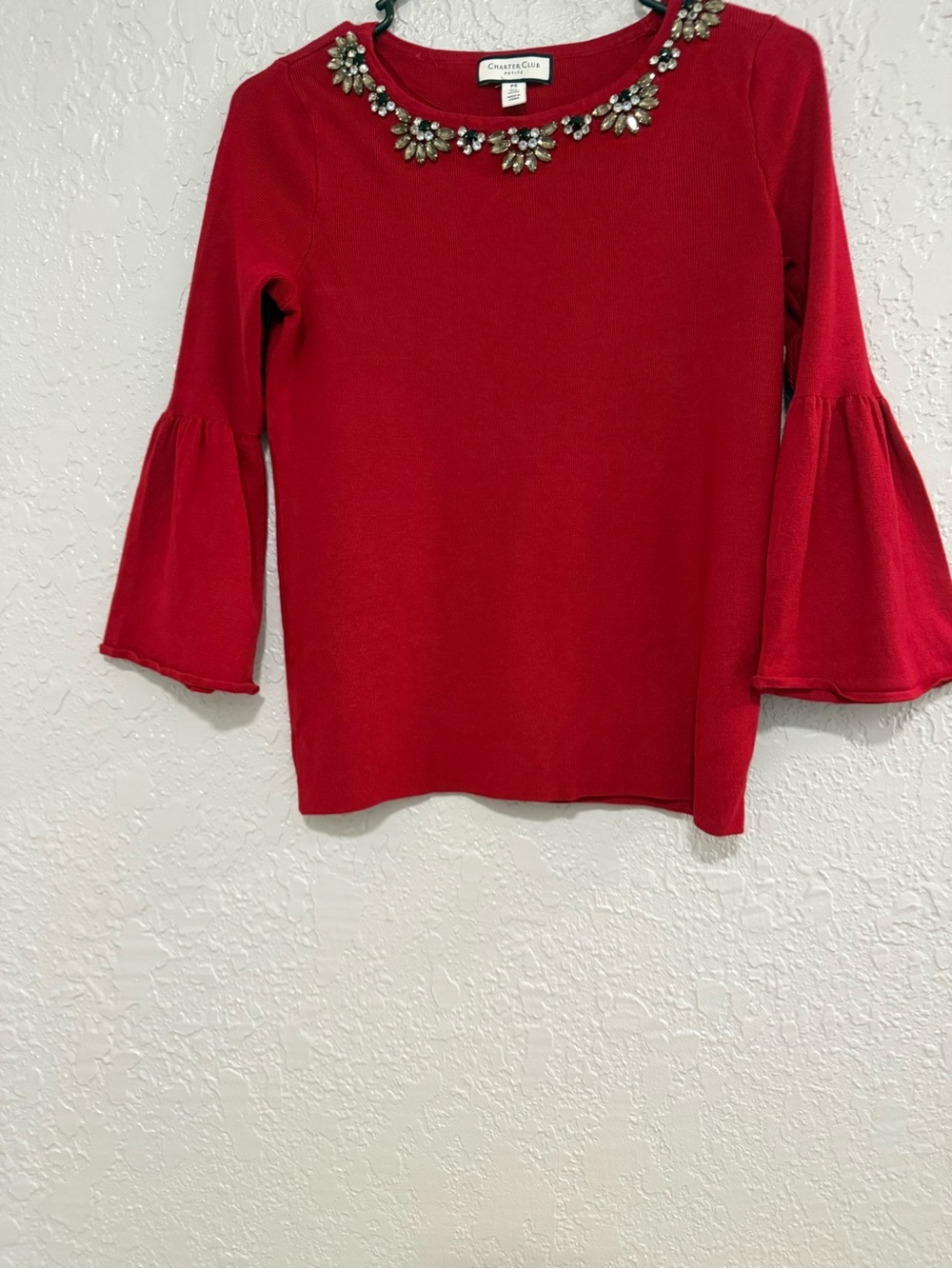Charter Club Red Jeweled Bell Sleeve Knit Top